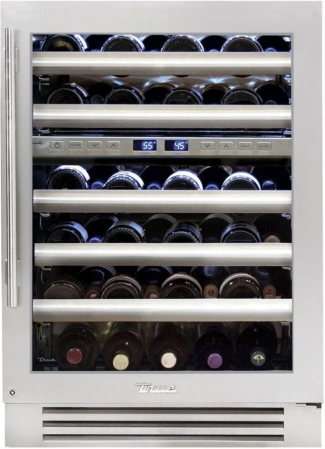 True® 24” 5.5 Cu. Ft. Stainless Steel Dual Zone Right Hinge Undercounter Wine Cooler with Glass Door-0