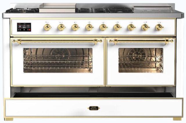 Ilve® Majestic III 60" White Pro Style Dual Fuel Natural Gas Range with French Top and Brass Trim-2
