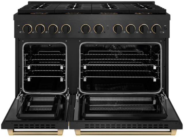 ZLINE Designer Collection Paramount 48" 6.7 Cu. Ft. Black Satin Stainless Steel Dual Fuel Range with Matte Black and Champagne Bronze Accents-1