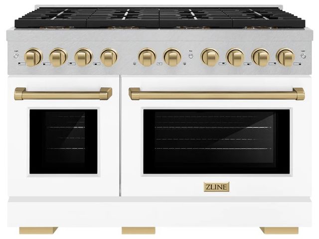 ZLINE Autograph Edition Paramount 48" 6.7 Cu. Ft. Satin Stainless Steel Dual Fuel Range with 8 Burner DuoPro™ Cooktop and Dual Ovens with White Matte Doors and Champagne Bronze Accents-0