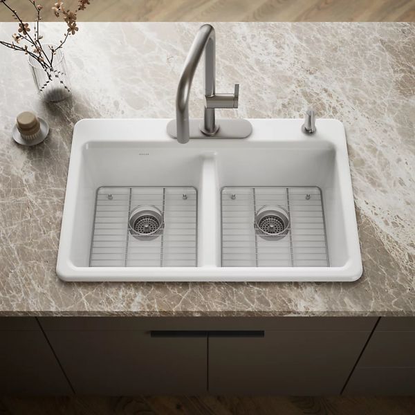 KOHLER® Riverby® White 33" 4-Faucet Hole Top-Mount Double-Equal Bowl Kitchen Sink-1