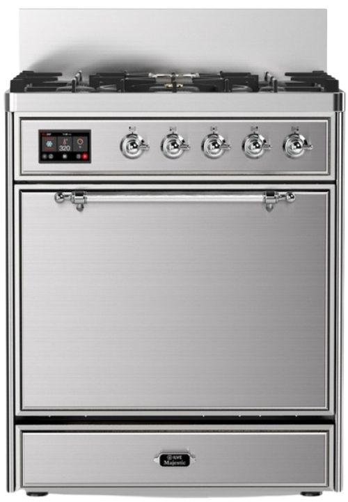 Ilve® Majestic III 30" Stainless Steel Pro Style Dual Fuel Natural Gas Range with Solid Door and Chrome Trim-0
