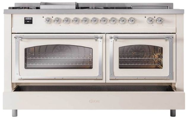 Ilve® Nostalgie II Noblesse 60'' Antique White Pro Style Dual Fuel Range with Chrome Trim-3