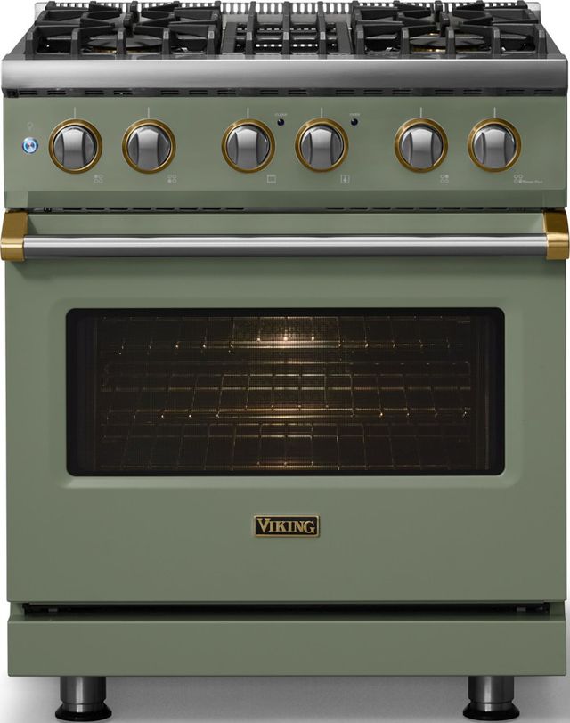 Viking® 5 Series 30" Eucalyptus Pro Style Dual Fuel (LP) Range with Brushed Brass Trim-2