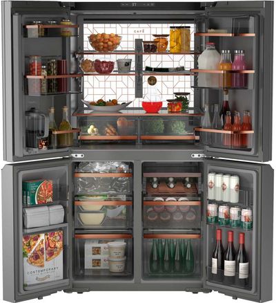 front view of the opened and fully stocked Café™ 36 in. 28.3 Cu. Ft. Platinum Glass French Door Refrigerator