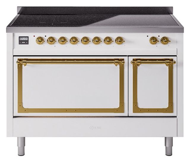 Ilve® Nostalgie II Noblesse 48'' White Pro Style Induction Range with Brass Trim-0