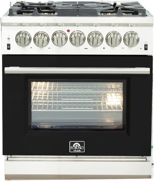 FORNO® Capriasca 30" Stainless Steel Pro Style Dual Fuel Range with Black Door-0