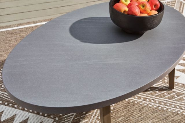 Signature Design by Ashley® Harmony Headlands Gray Wooden Outdoor Oval Cocktail Table with Natural Base-3