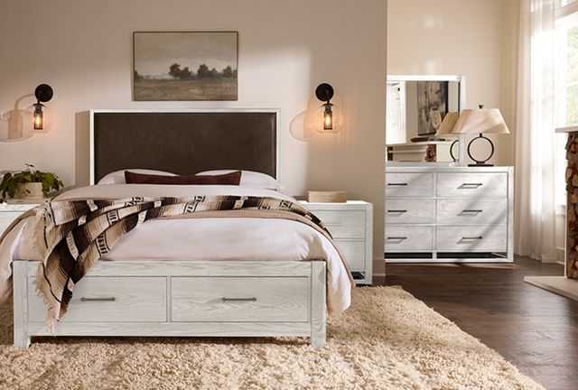 Vaughan-Bassett Lodge & Loft Sedona Brown/Soft White Oak King Upholstered Panel Storage Bed-1