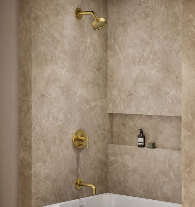 KOHLER® Purist® Rite-Temp® Vibrant Brushed Moderne Brass 2.5 GPM Bath and Shower Trim Kit with Lever Handle and Push-Button Diverter -1