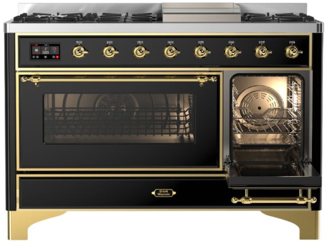 Ilve® Majestic III 48" Glossy Black Pro Style Dual Fuel Natural Gas Range with Triple Glass Door and Brass Trim-2