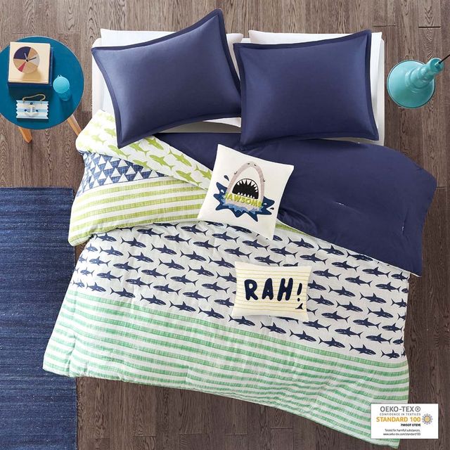 Olliix by Urban Habitat Kids Finn Green/Navy Full/Queen Shark Cotton Comforter Set-1