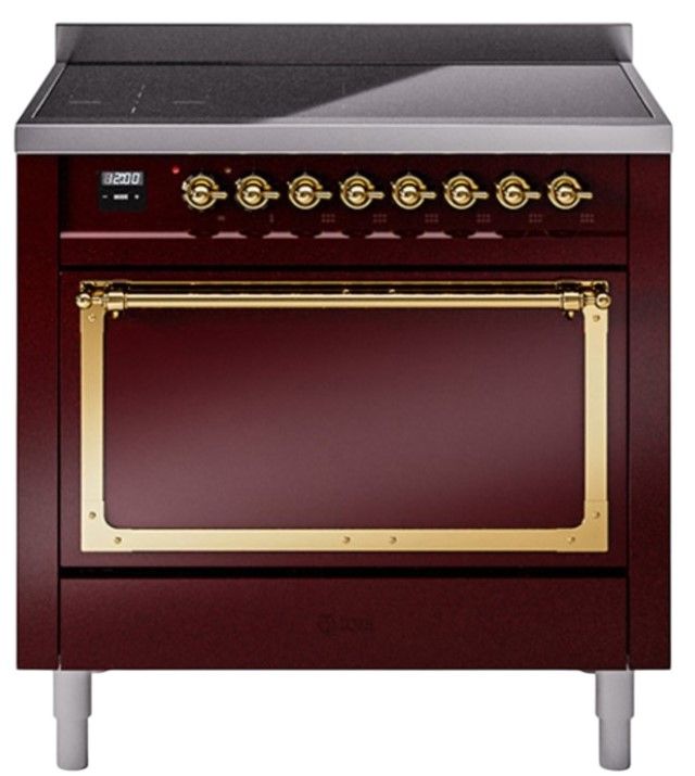 Ilve® Nostalgie II Noblesse 36'' Burgundy Pro Style Induction Range with Brass Trim-0