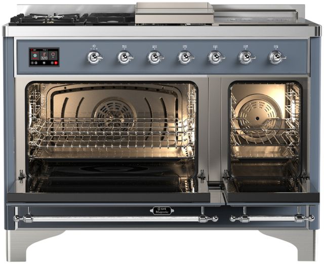 Ilve® Majestic III 48" Blue Gray Pro Style Dual Fuel Liquid Propane Range with 5 Black Brass Burners and Chrome Trim-1