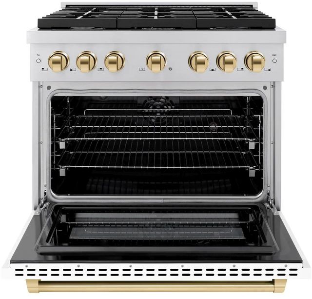ZLINE Autograph Edition Paramount 36" Stainless Steel Pro Style Dual Fuel Range with White Matte Door and Polished Gold Accents-1
