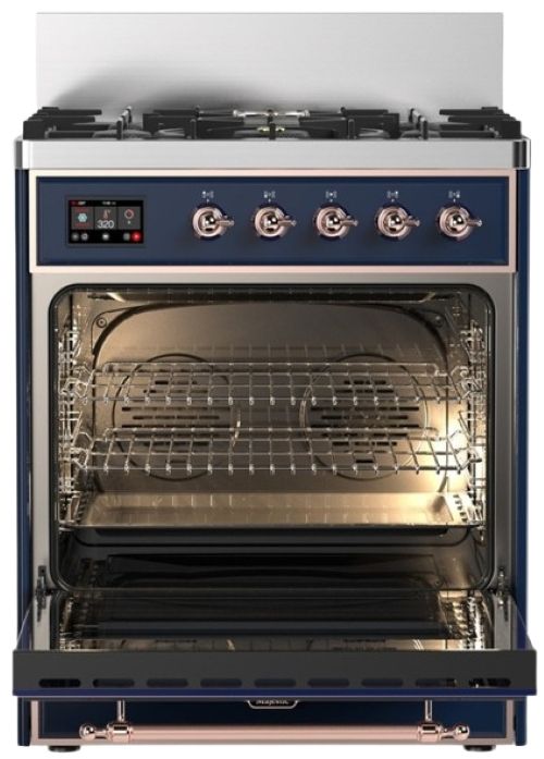 Ilve® Majestic III 30" Midnight Blue Pro Style Dual Fuel Liquid Propane Range with 5 Black Brass Burners and Copper Trim-1