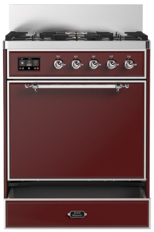 Ilve® Majestic III 30" Burgundy Pro Style Dual Fuel Natural Gas Range with 5 Black Brass Burners and Chrome Trim-2