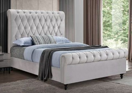 Milton Greens Stars Light Gray Eastern King King Velvet Rolled Top Tufted Platform Bed-1