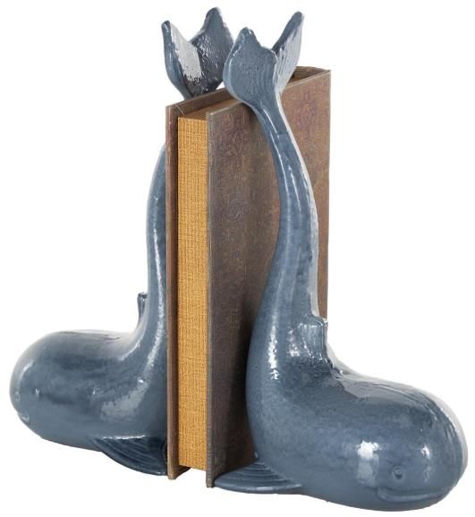 Deco Marche 2-Piece Blue Dolphin Bookends with Raised Tails Set-2