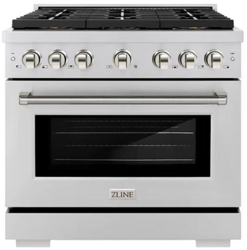 ZLINE Autograph Edition Paramount 36" 5.2 Cu. Ft. Stainless Steel Dual Fuel Range with 6 Burner DuoPro™ Cooktop and Electric Convection Oven and Polished Nickel Helix Handle and Accents-0