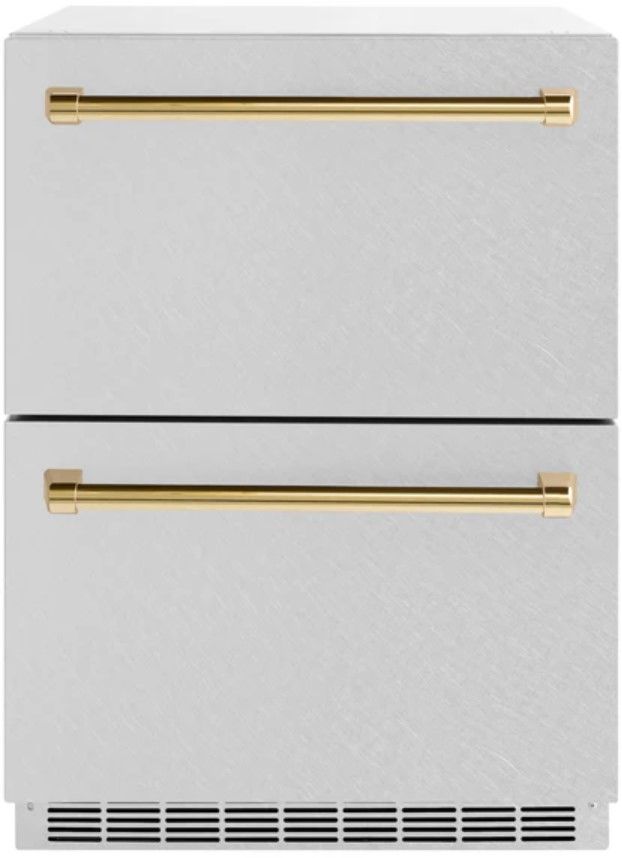 ZLINE Autograph Edition 24" Touchstone 168 Can Outdoor-Rated Dual Refrigerator Drawer with Satin Stainless Steel Doors and Polished Gold Handles-0