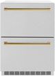 ZLINE Autograph Edition 24 in. Touchstone 168 Can Outdoor-Rated Dual Refrigerator Drawer with Satin Stainless Steel Doors and Polished Gold Handles-0