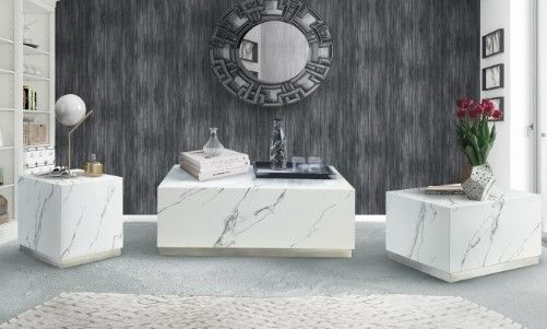 Mazin Furniture Astraia White Faux Marble End Table with Brushed Nickel Base-3