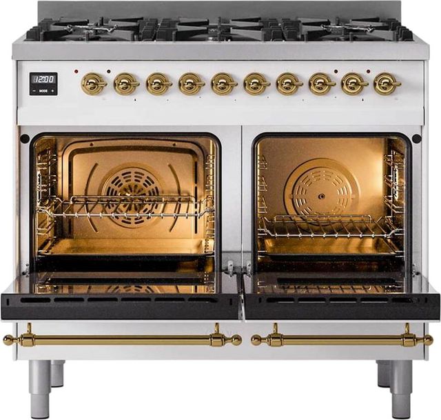 Ilve® Nostalgie II 40" White Pro Style Dual Fuel Range with Brass Trim-1