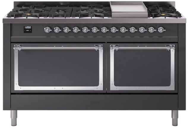 Ilve® Nostalgie II Noblesse 60'' Graphite Matte Pro Style Dual Fuel Range with Chrome Trim-0