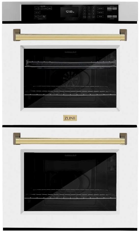 ZLINE Autograph Edition Professional 30" Stainless Steel Double Electric Wall Oven with White Matte Doors and Polished Gold Accents