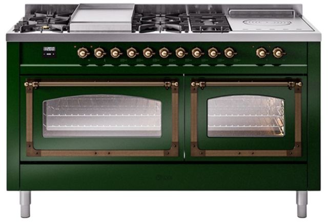 Ilve® Nostalgie II Noblesse 60'' Emerald Green Pro Style Dual Fuel Range with Burnished Trim-0