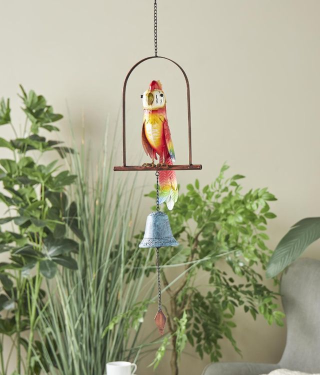 Deco Marche Red Parrot Perched Windchime with Hanging Bell-4