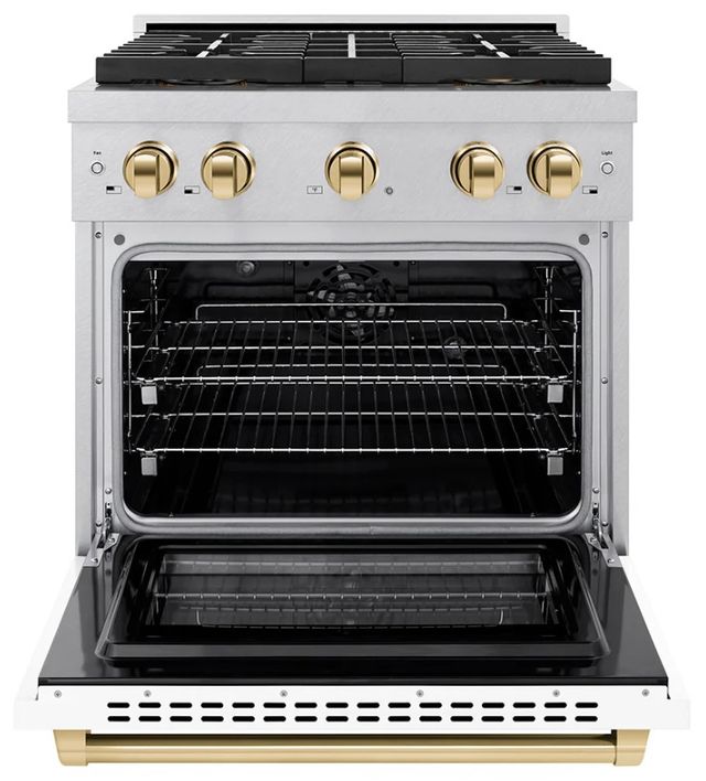 ZLINE Autograph Edition Paramount 30" 4.2 Cu. Ft. Satin Stainless Steel Dual Fuel Range with 4 Burner DuoPro™ Cooktop and Electric Convection Oven with White Matte Door and Polished Gold Accents-3