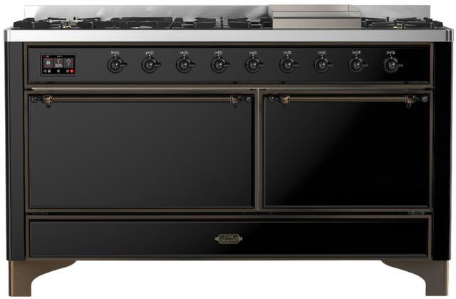 Ilve® Majestic III 60" Glossy Black Pro Style Dual Fuel Natural Gas Range with Solid Door and Burnished Trim-0