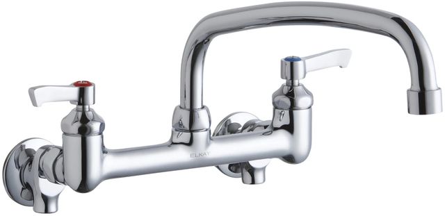 Elkay Chrome Foodservice 8" Centerset Wall Mount Faucet with 12" Arc Tube Spout and 2" Lever Handles-0