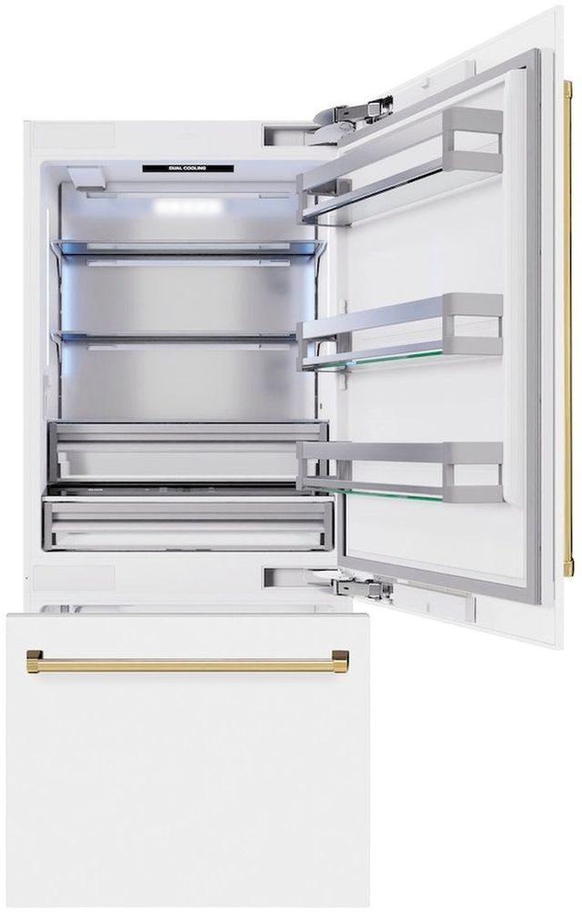 ZLINE Autograph Edition 36" 19.8 Cu. Ft. White Matte Built-In Bottom Freezer Refrigerator with Water Dispenser, Ice Maker, and  Polished Gold Accents-1