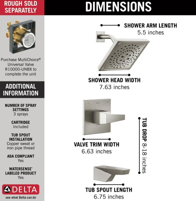 Delta Trillian® 14 Series Lumicoat® Stainless H2Okinetic Tub Shower Trim-4