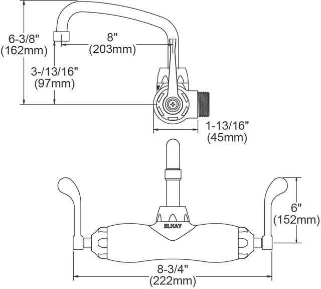 Elkay Chrome Foodservice 3-8" Adjustable Centers Wall Mount Faucet with 8" Arc Tube Spout and 6" Wristblade Handles-1