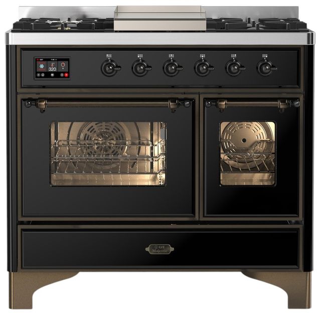 Ilve® Majestic III 40" Glossy Black Pro Style Dual Fuel Liquid Propane Range with Triple Glass Door and Burnished Trim-0