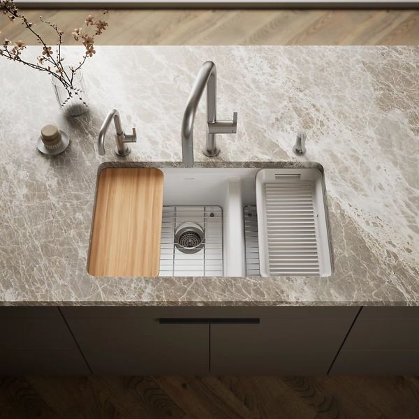 KOHLER® Riverby® White 33" Undermount Double-Bowl Workstation Kitchen Sink with Accessories-1