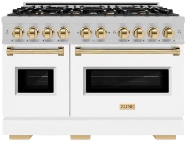 ZLINE Classic Autograph Edition 48" Satin Stainless Steel Pro Style Gas Range with White Matte Door and Polished Gold Accents-0