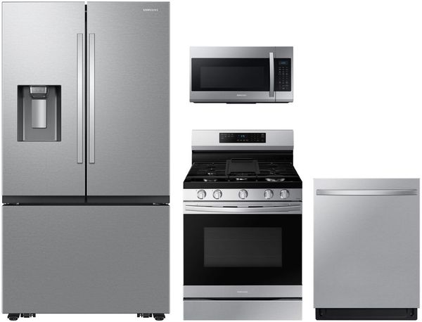 Samsung 4 Piece Stainless Steel Kitchen Package Front view of the Samsung 4 Piece Stainless Steel Kitchen Package