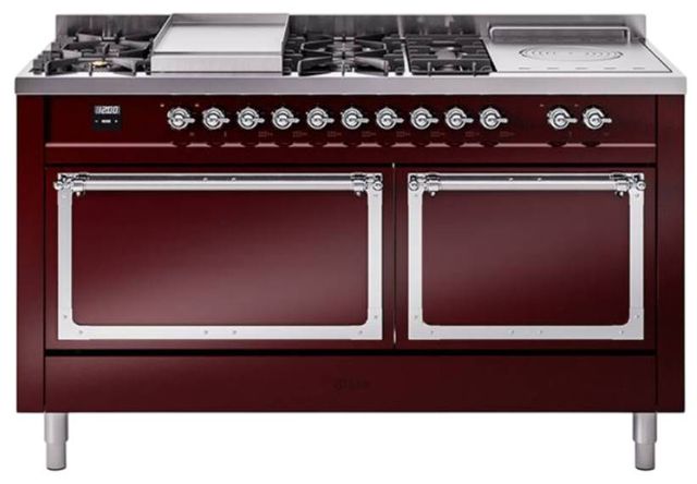 Ilve® Nostalgie II Noblesse 60'' Burgundy Pro Style Dual Fuel Range with Chrome Trim-0