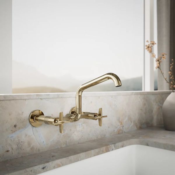 KOHLER® Billet® Vibrant French Gold 2-Hole Wall-Mount Bridge Kitchen Sink Faucet with Cross Handles-1