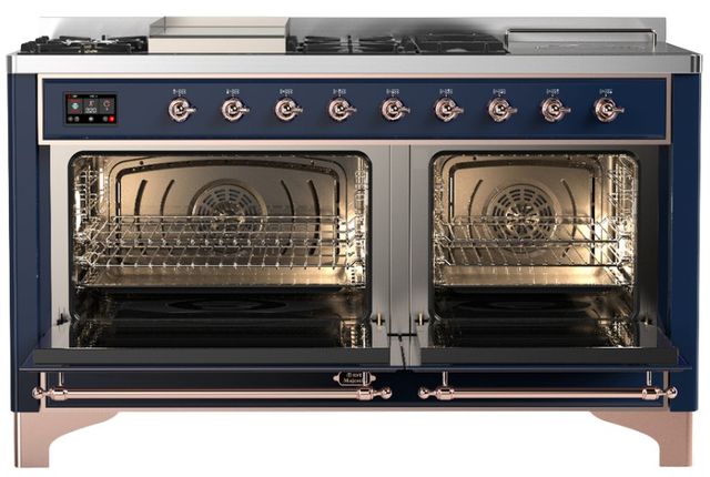 Ilve® Majestic III 60" Midnight Blue Pro Style Dual Fuel Liquid Propane Range with Solid Door and Copper Trim-1