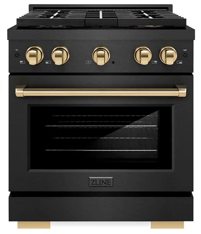 ZLINE Autograph Edition 30 in. 4.2 cu. ft. Paramount Gas Range with 4 Burner DuoPro™ Cooktop and Convection Gas Oven in Black Satin Stainless Steel and Polished Gold Accents (PSGRBSZ-30-G)