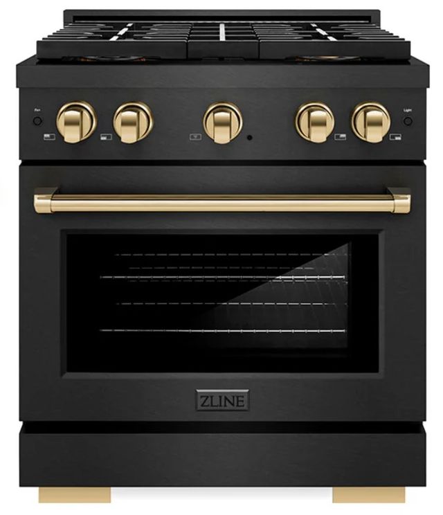 ZLINE Autograph Edition Paramount 30" 4.2 Cu. Ft. Black Satin Stainless Steel Gas Range with 4 Burner DuoPro™ Cooktop and Convection Gas Oven with Polished Gold Accents-0