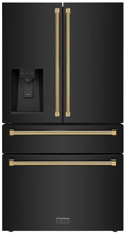 ZLINE Autograph Edition 36" 21.6 Cu. Ft. Fingerprint-Resistant Black Stainless Steel Counter Depth French Door Refrigerator with Ice/Water Dispenser and Polished Gold Helix Handles-0