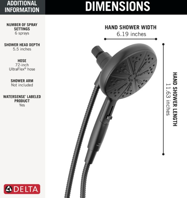 Delta Universal Showering Matte Black 6-Setting SureDock® Magnetic Round Hand Shower-2