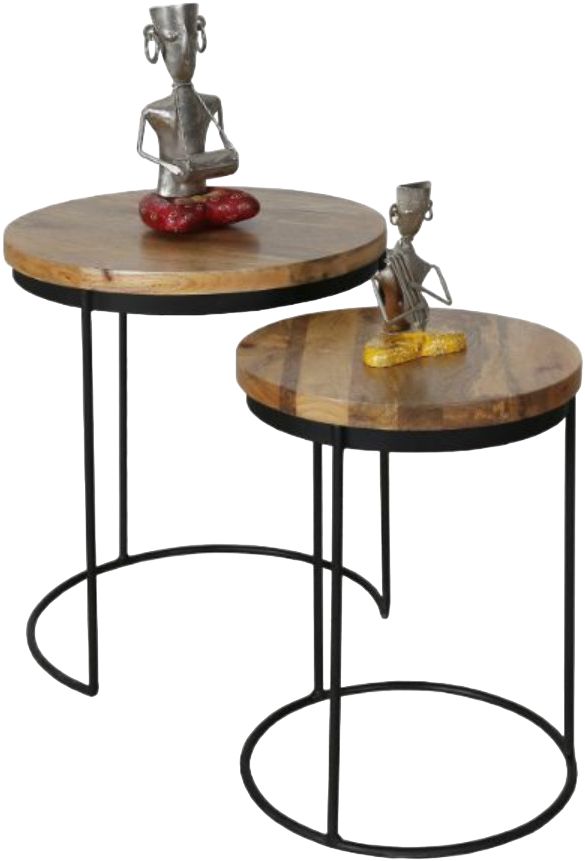 Jaipur Furniture Ravi Range 2-Piece Brown Iron Base Solid Wood Top Round Stool Set-0